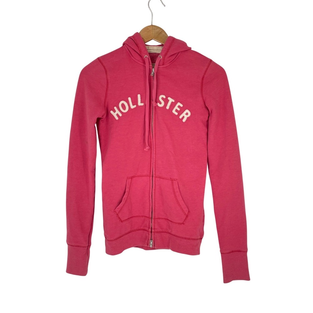 Hollister Women‎ Hoodie M Full Zip Pink Applique Logo Fleece Stretch Stained